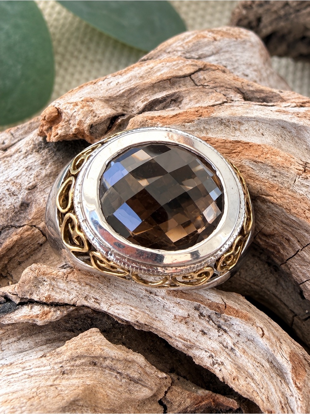 Sterling silver 925 cushion, cut genuine, smoky quartz statement ring size 8